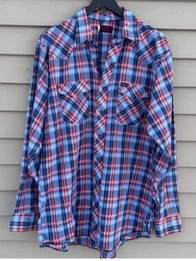 Vintage Wrangler Pearl snap western shirt blue plaid men’s Xl
